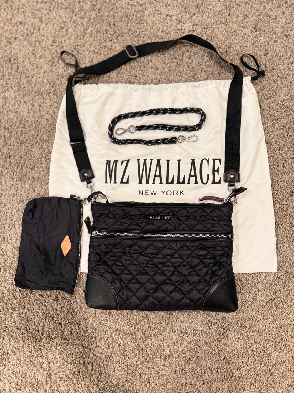 MZ Wallace Black Quilted Nylon Crossbody with Leather Trim